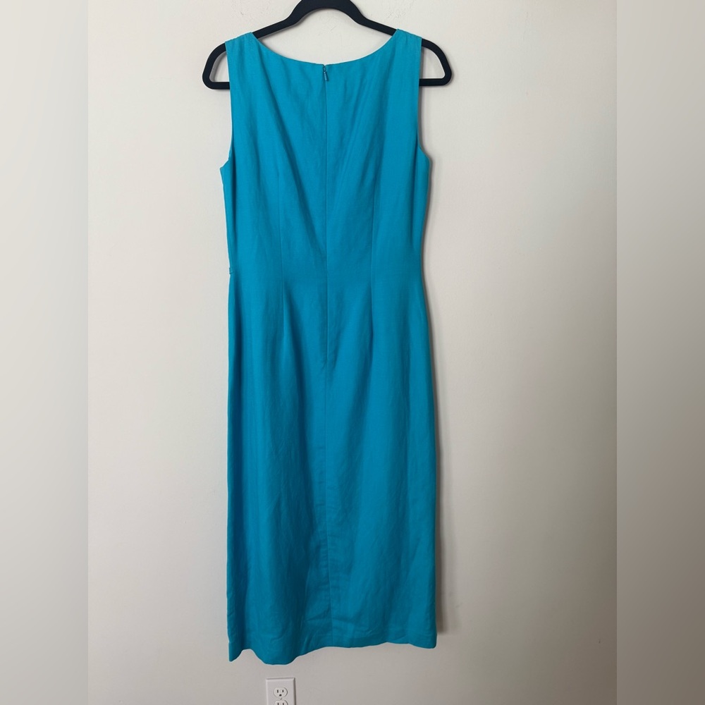 Vintage 80s 90s Adriana Papell Turquoise Fitted Linen Side Tie Gorgeous Dress - Picture 10 of 15